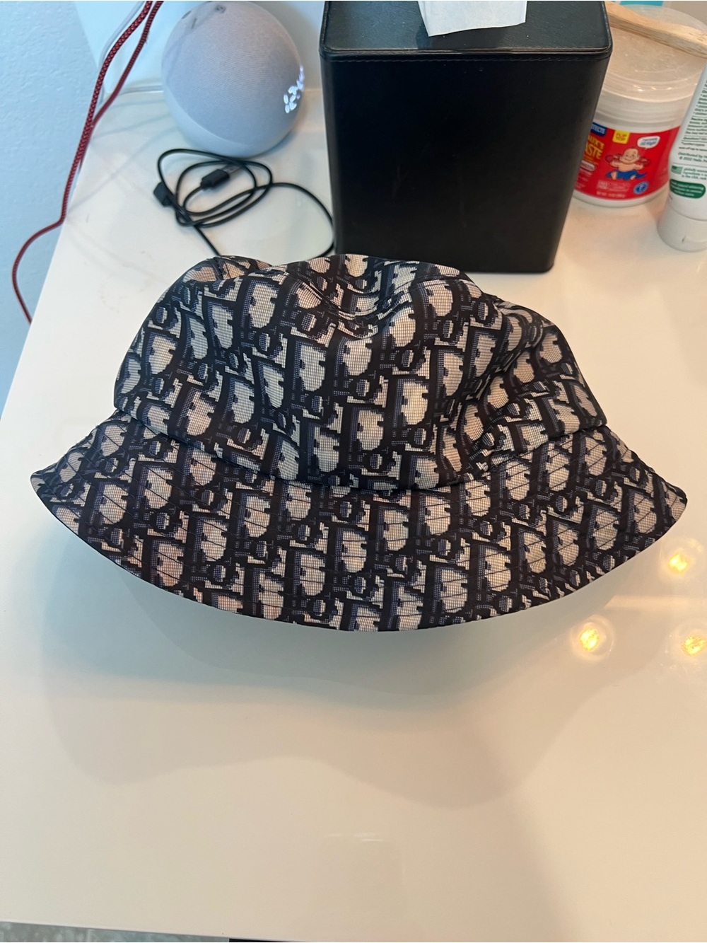 Monogram-Pattern Bucket Hat in Black and Cream